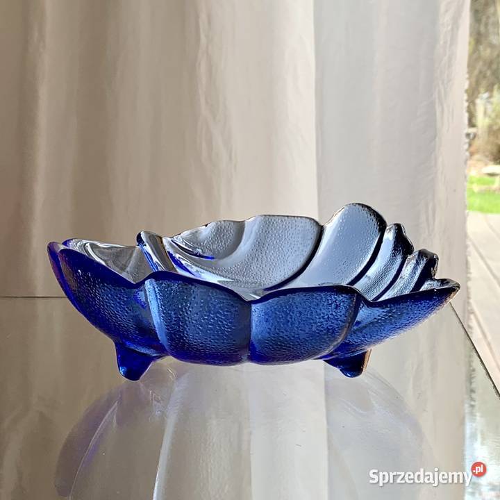 Patera liść szkło prasowane kobalt Porcelana i szkło Myszków