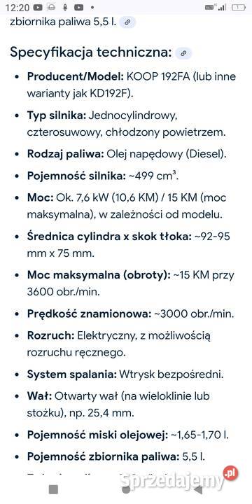 Silnik diesel 192FA 500ccm 15 koni Kutno