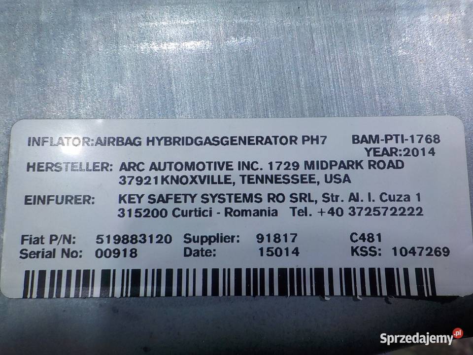 FIAT 500L 14 B 14r 5D AIRBAG poduszka pasazera Suków