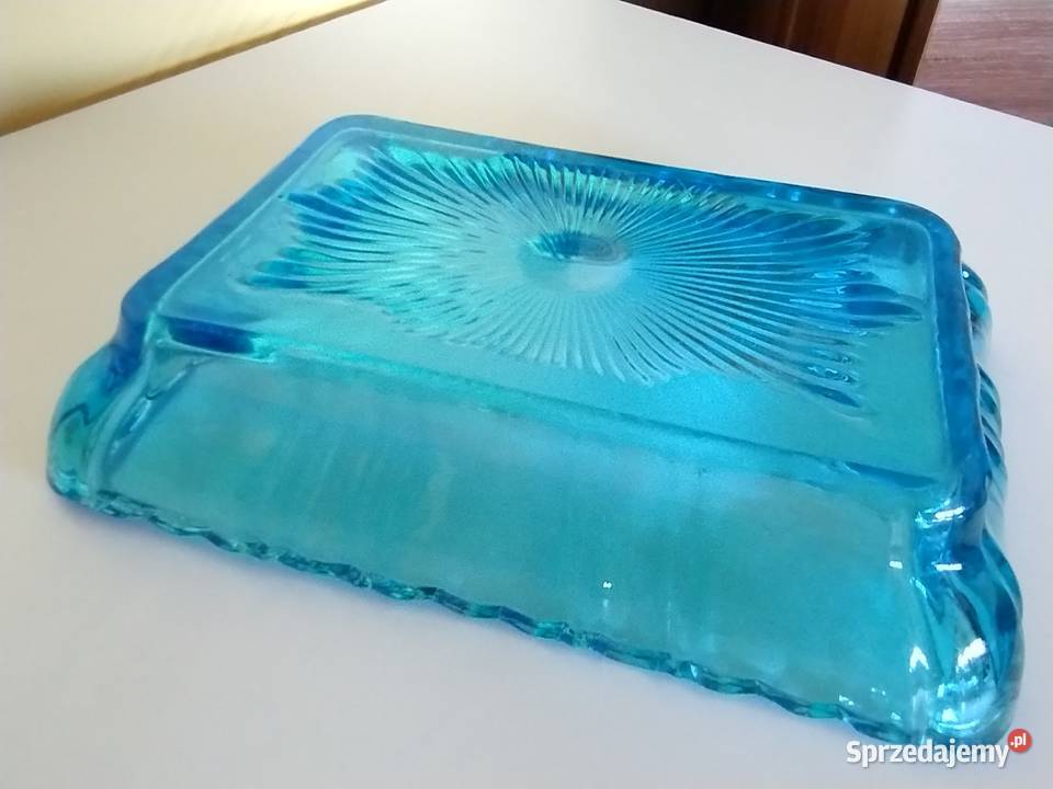 PRL turkusowa patera szkło art deco niebieski Łódź
