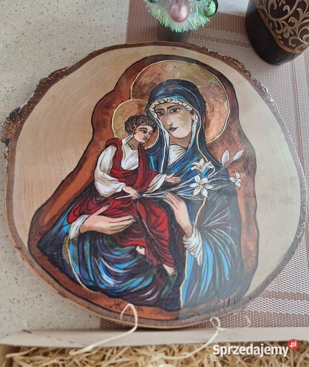 Obraz malowany ręcznie na plastrze brzozy Maryja Strzyżów