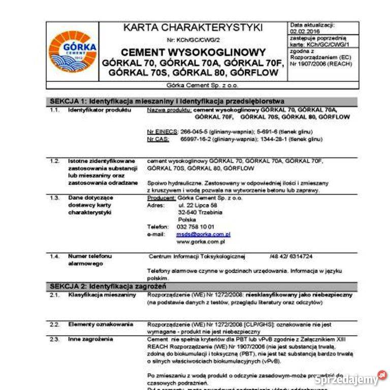 CEMENTY OGNIOODPORNE GLINOWOWAPIENNE GÓRKAL Wadowice
