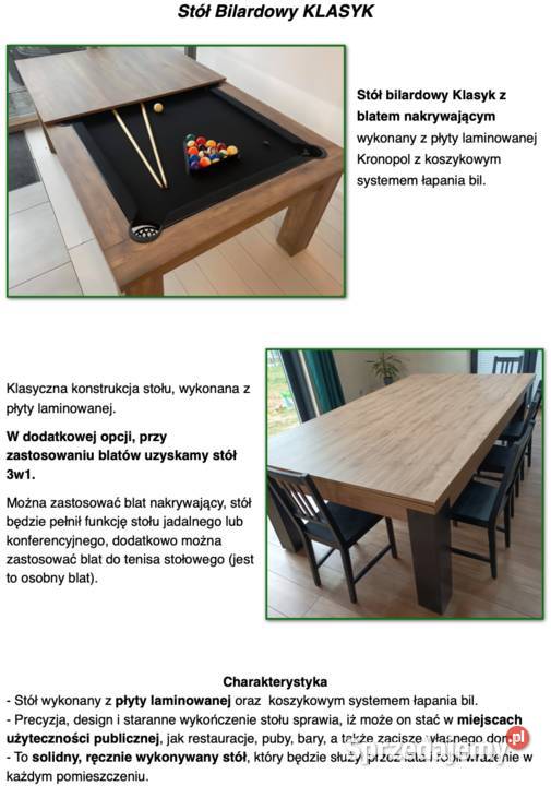 Stół bilardowy Klasyk z blatem nakrywającym 8 ft Kielce