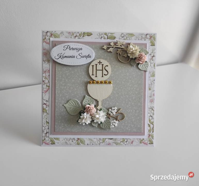 Kartka ręcznie robiona Komunia Święta pistacjowa Łódź