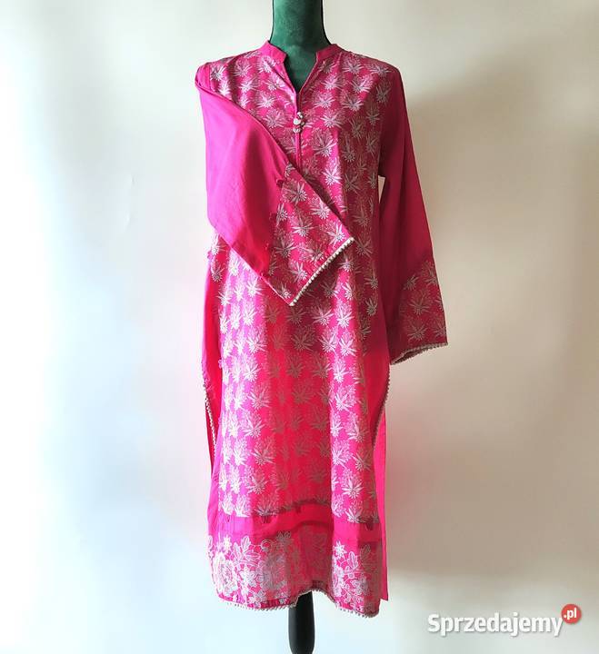 Nowa tunika indyjska różowa S 36 M 38 biały wzór