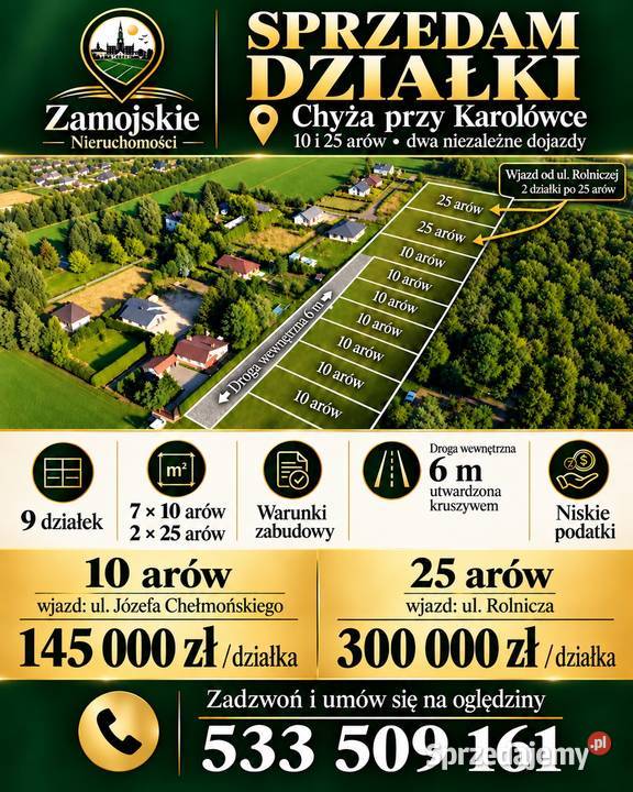 Działka budowlana 10 arów z WZ Zamość Karolówka budowlana sprzedam