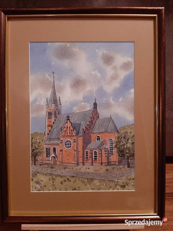 kościół z cegły akwarela 20x30 ramka 32x42 Antyki, Sztuka, Kolekcje Sandomierz