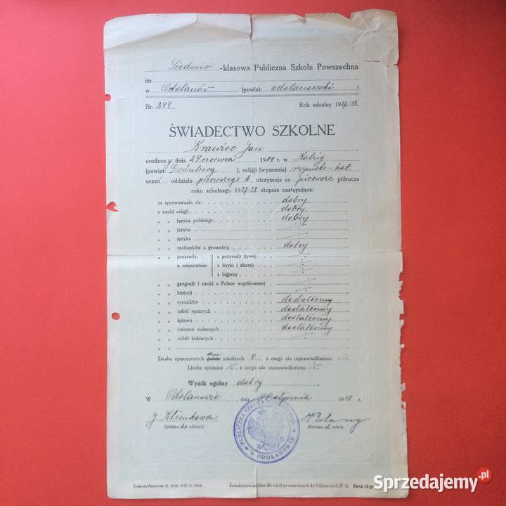 1798 Świadectwo Szkolne Odolanów Krawiec zachodniopomorskie