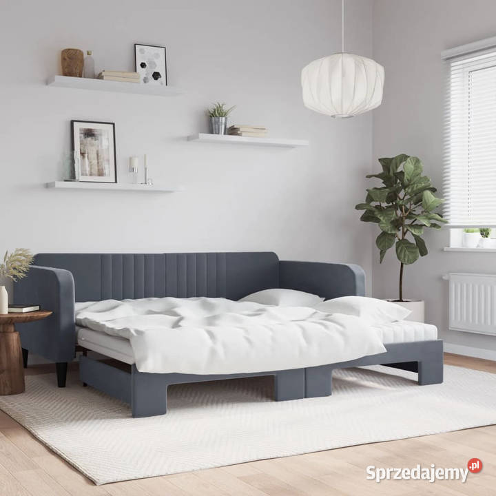 Sofa rozsuwana z materacami ciemnoszara aksamit Warszawa