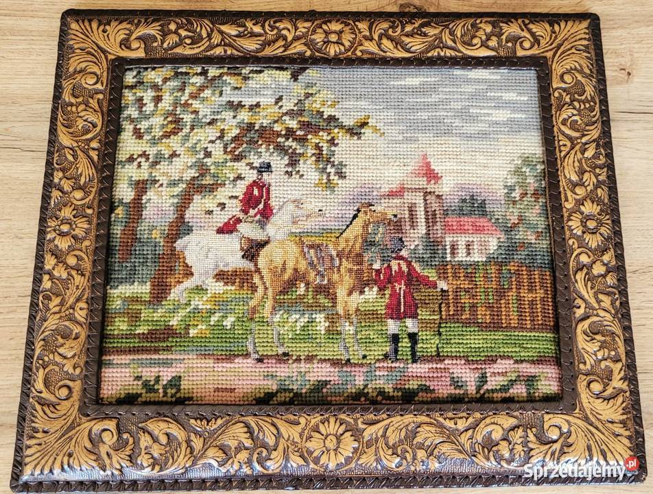 Stary obraz haftowany pejzaż z jeźdźcami w ramie Tkaniny