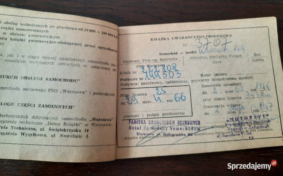 PRL książka gwarancyjnoobsługiwa serwisowa FSO sprzedam