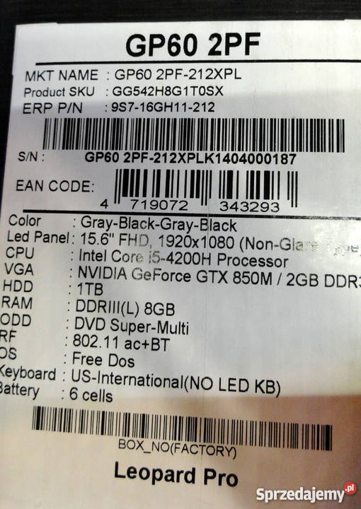 LAPTOP MSI GP60 2PF Leopard Pro i54200H 8GB 1TB Czytnik kart pamięci  MSI wielkopolskie Kościan