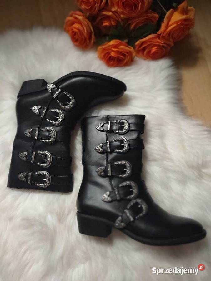 Czarne Botki Kowbojki ze Sprzączkami 37 Mevosho Olkusz