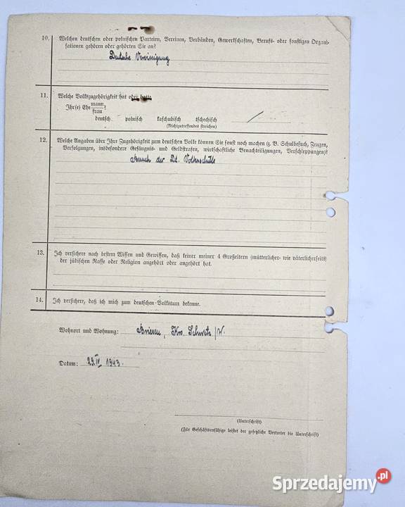 Niemiecki kwestionariusz personalny do mazowieckie Bronisze