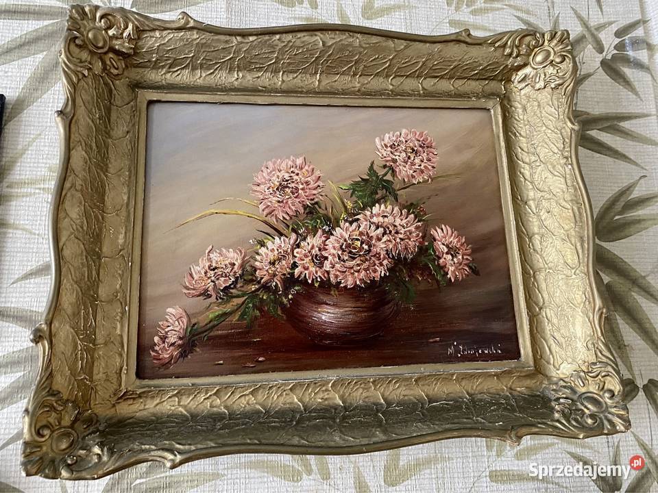 stary obraz olejny z PRLu wcześniej Chryzantemy Antyki Antyki Gdynia