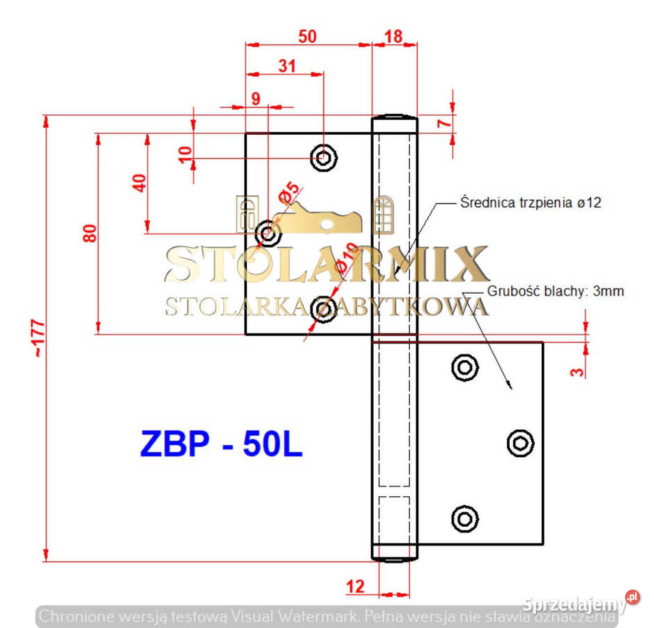Zawias do starych drzwi bezprzylgowych ZBP 50L Paterek