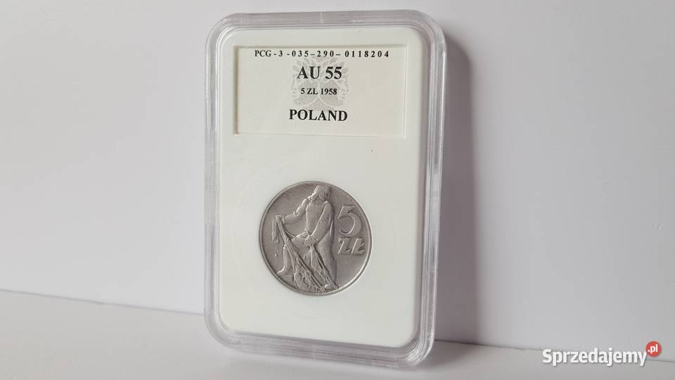 5 złotych Rybak 1958 wąska 8 AU55 holder PCG PRL Dąbrowa Górnicza