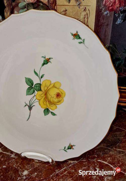 Miśnia Meissen duża patera na ciasto żółta róża Sadurki
