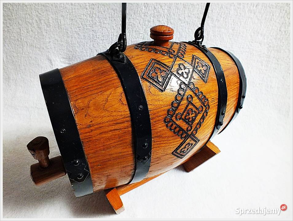 Ozdobna stara beczka drewniana na stojaku 2 Żary