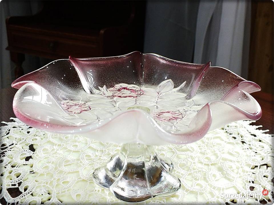 Stara Patera szklana Różowe Szkło z tłoczonymi lubuskie Żary