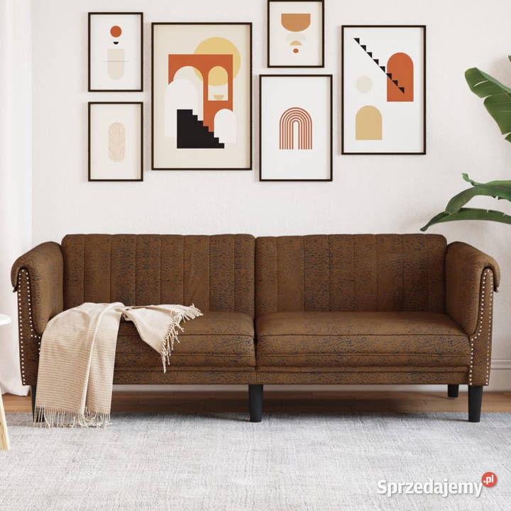 Sofa 3os brązowa sztuczna skóra zamszowa