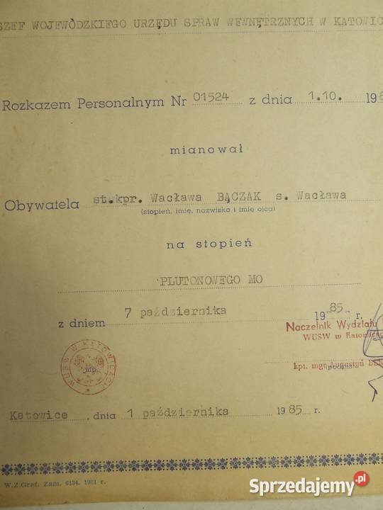 Dokument Pasowania na podoficera MO Plutonowgo Czeladź