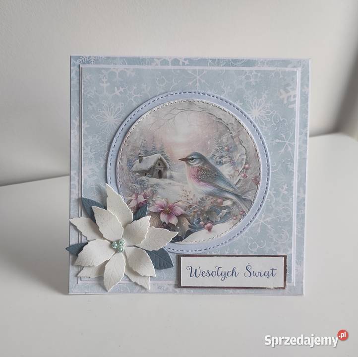 Kartka ręcznie robiona Boże Narodzenie ptaszek Łódź