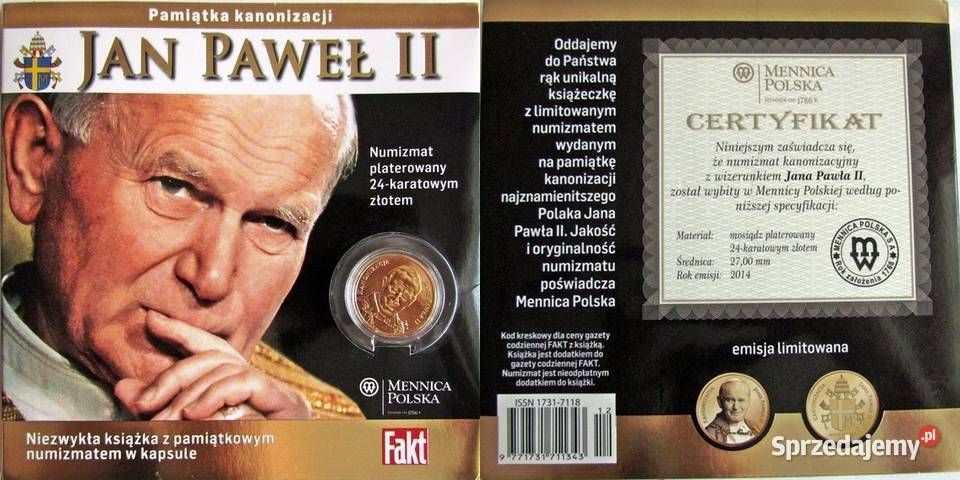 Moneta Medal Jan Paweł II Kanonizacja Złoto śląskie Sosnowiec sprzedam