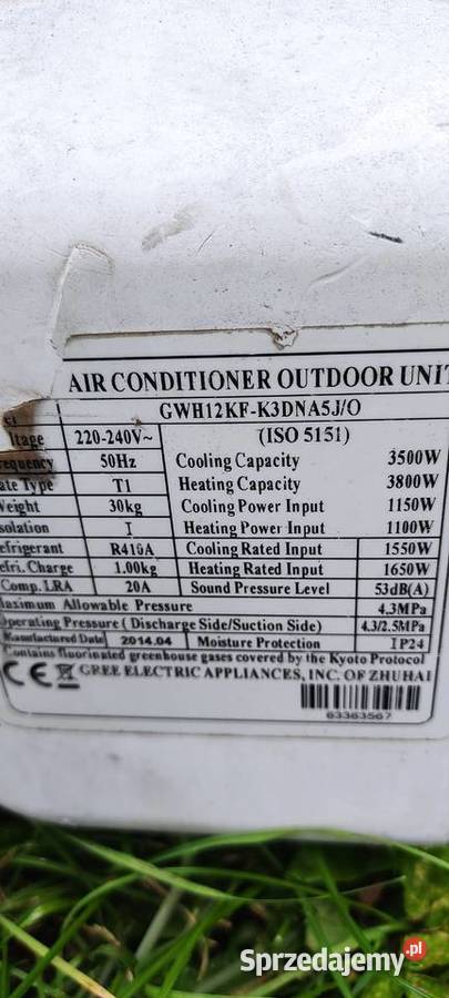 klimatyzacja TANIO GREE 38kW na części naprawa Łomża