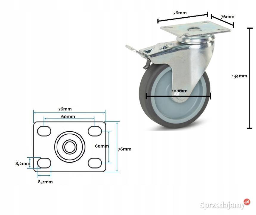 Zestaw 4 Kół Obrotowych Hamulec 100mm360 Guma