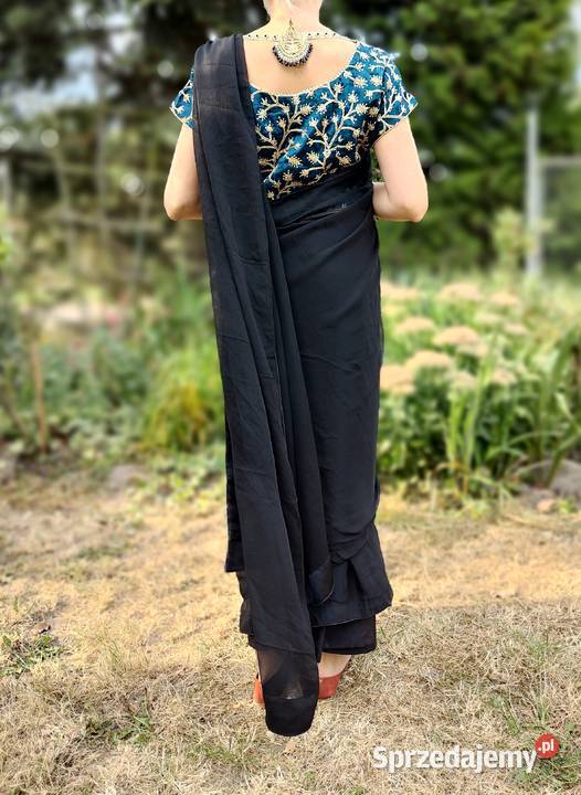 Eleganckie czarne sari L 40 XL 42 szyfon saree zachodniopomorskie