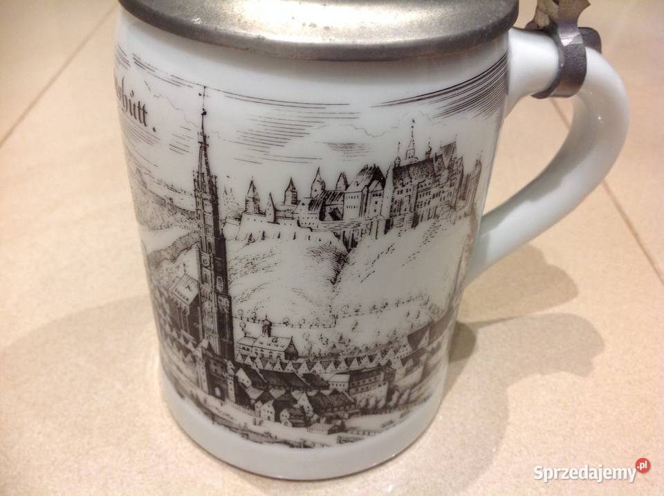 Stary Porcelanowy Kufel do Piwa z cynową klapką Nowa Sól sprzedam