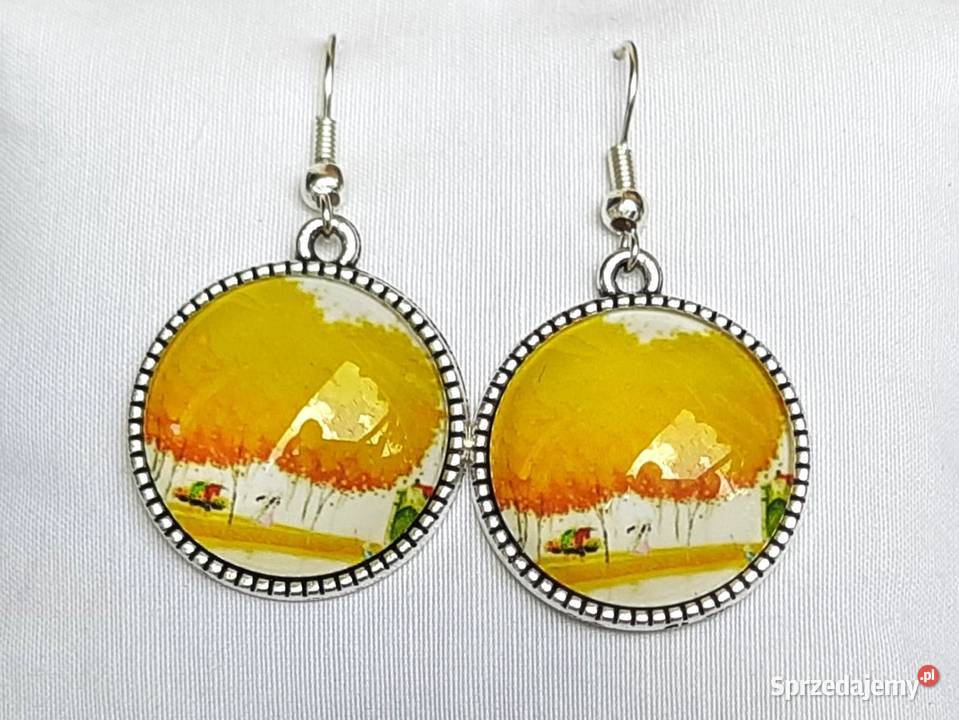 Kolczyki grafika pod szkłem drzewo żółte Łódź