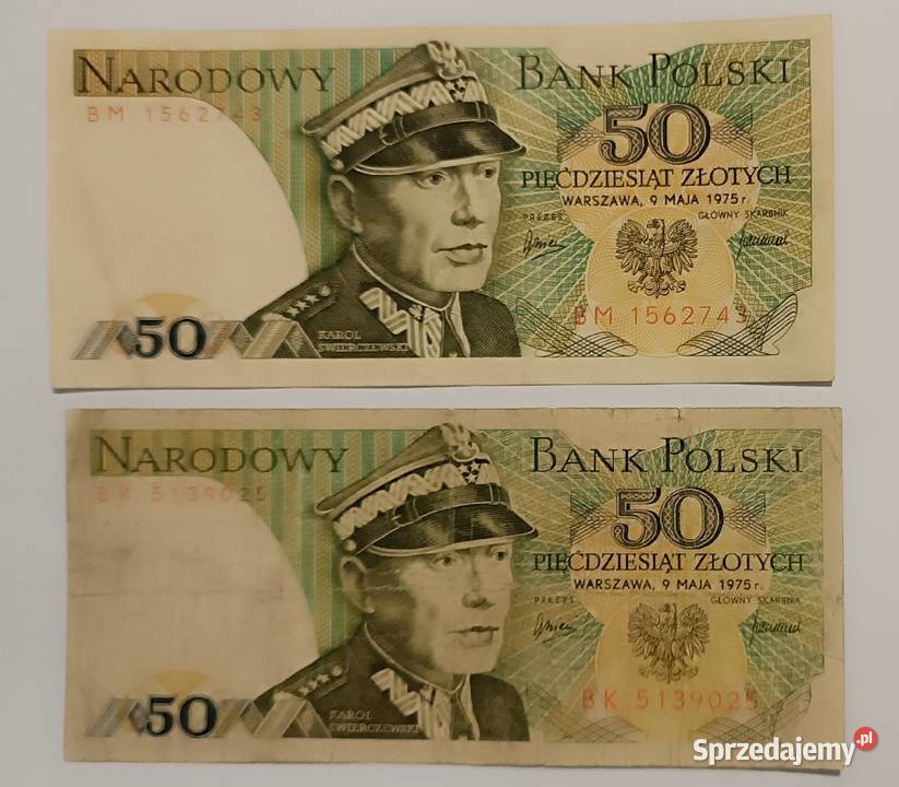 Dwa banknoty 50 Złotych 1975 r. seria BK BM