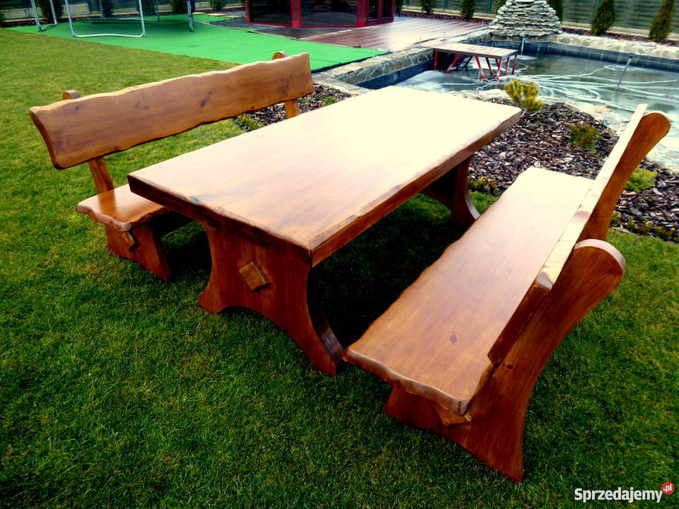 Meble ogrodowe barowe krzesła drewniane huśtawka drewno Ogród Chojnice