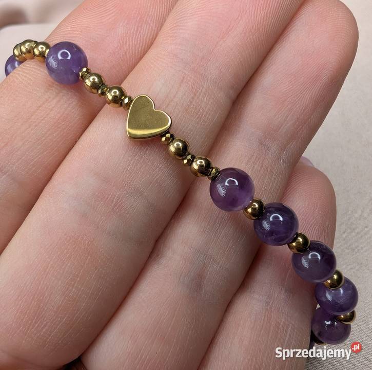 Bransoletka różaniec kamienie ametyst krzyżyk Łowicz