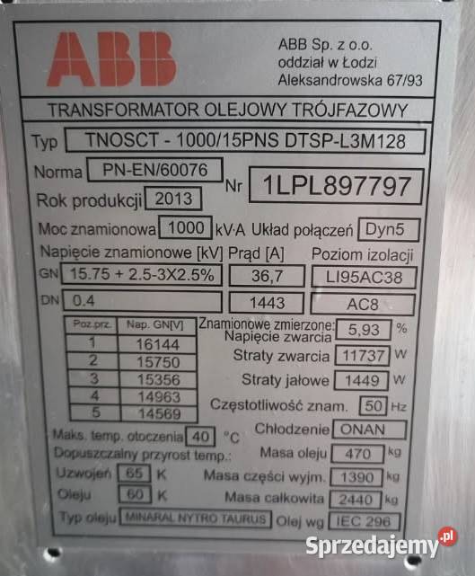 sprzedam transformator olejowy 1000 kVA 1504 wielkopolskie Kalisz