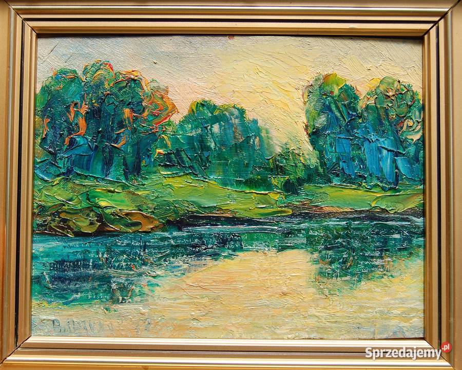 Zachód słońca rzeką las pejzaż obraz olejny lubelskie Lublin sprzedam