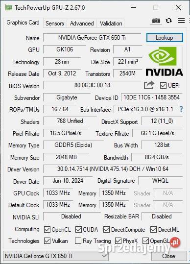 GIGABYTE GeForce GTX 650 Ti 2 GB Strzelce Opolskie