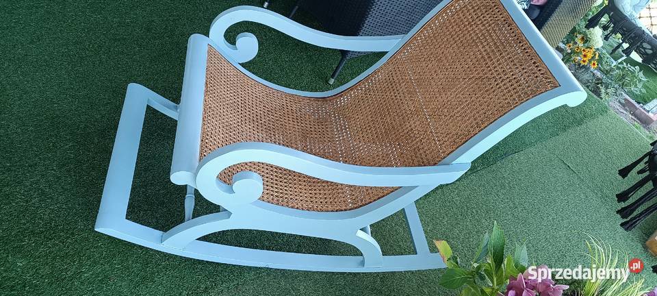 Fotel bujany drewniany Plecionka błękitny