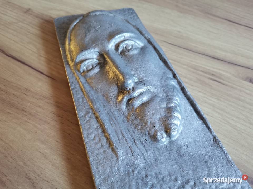 Stara płaskorzeźba metalowy relief Jezus odlew Katowice
