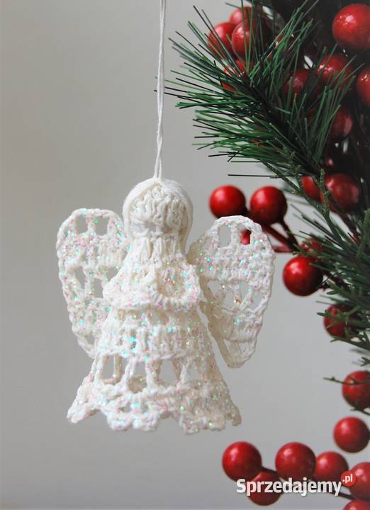 Anioł aniołek szydełkowy biały zawieszka brokat