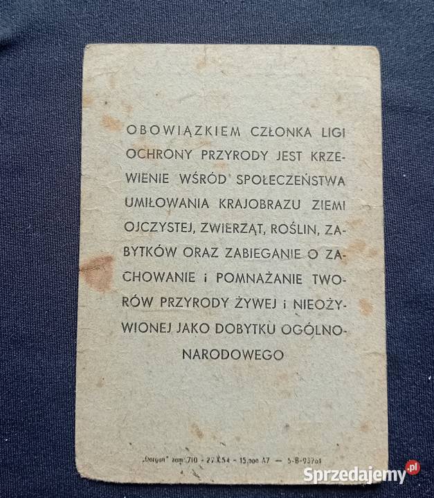 Legitymacja Ligi Ochrony Przyrody z PRL Szczytno Koźminek