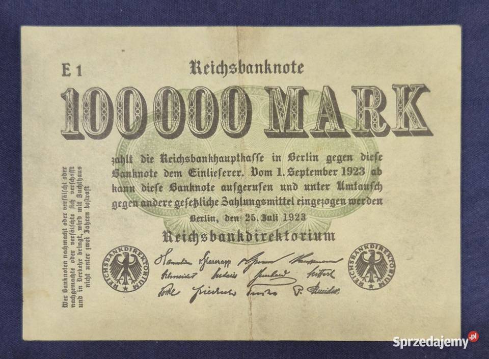 Niemcy banknot 100000 marek 1923 Numizmatyka Wałbrzych