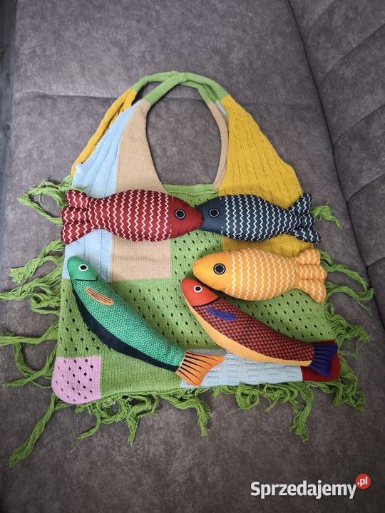 Duża boho torba z rybkami shopper na ramię plaża