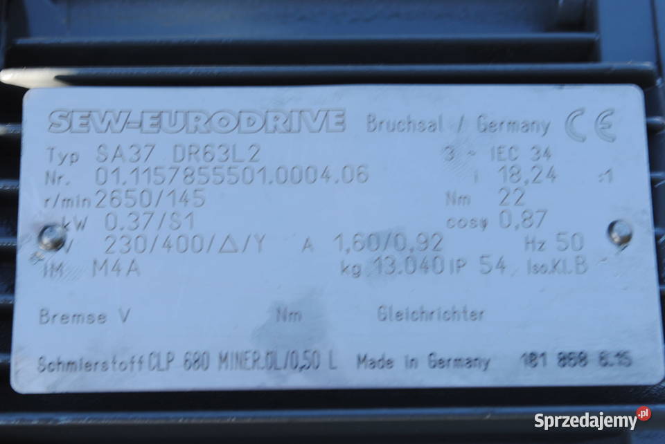 Motoreduktor kątowy 037kw 145obrmin firmy SEW Kargowa sprzedam