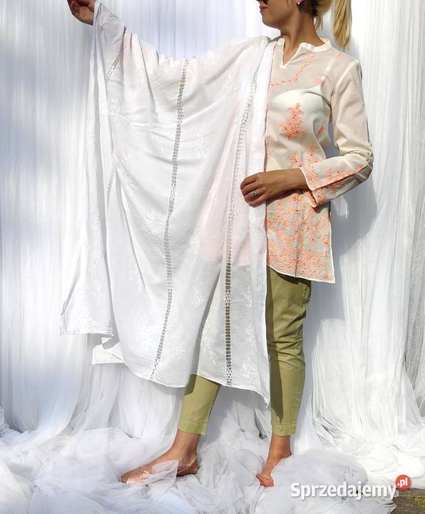 Duża chusta szal dupatta haftowana biała bawełna Dla kobiet Szczecin