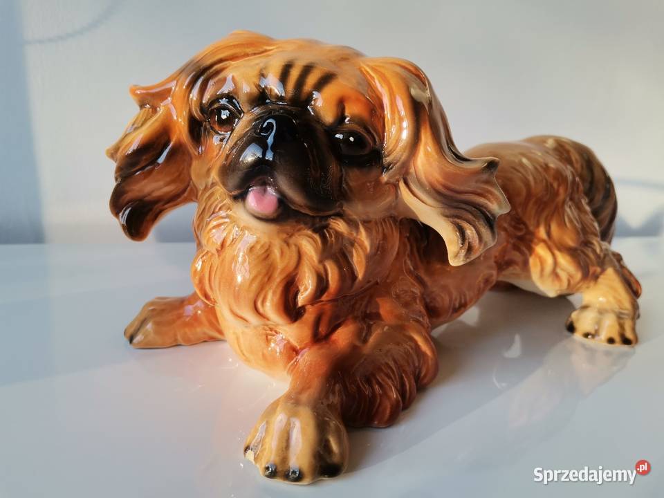 Stara duża figurka porcelanowa Pies Pekińczyk śląskie