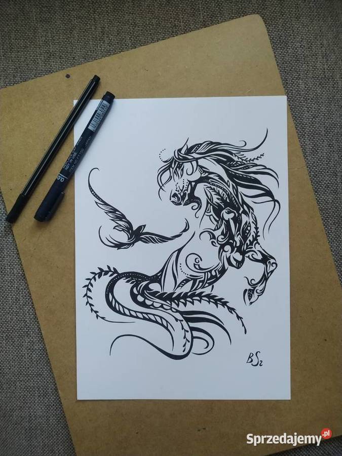 Rysunek koń i ptak cienkopis A4 250 gm2 Warszawa