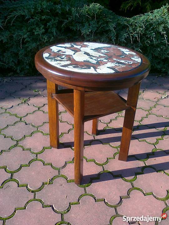 Stolik okrągły stylowy kawowy art deco z kamiennym blatem